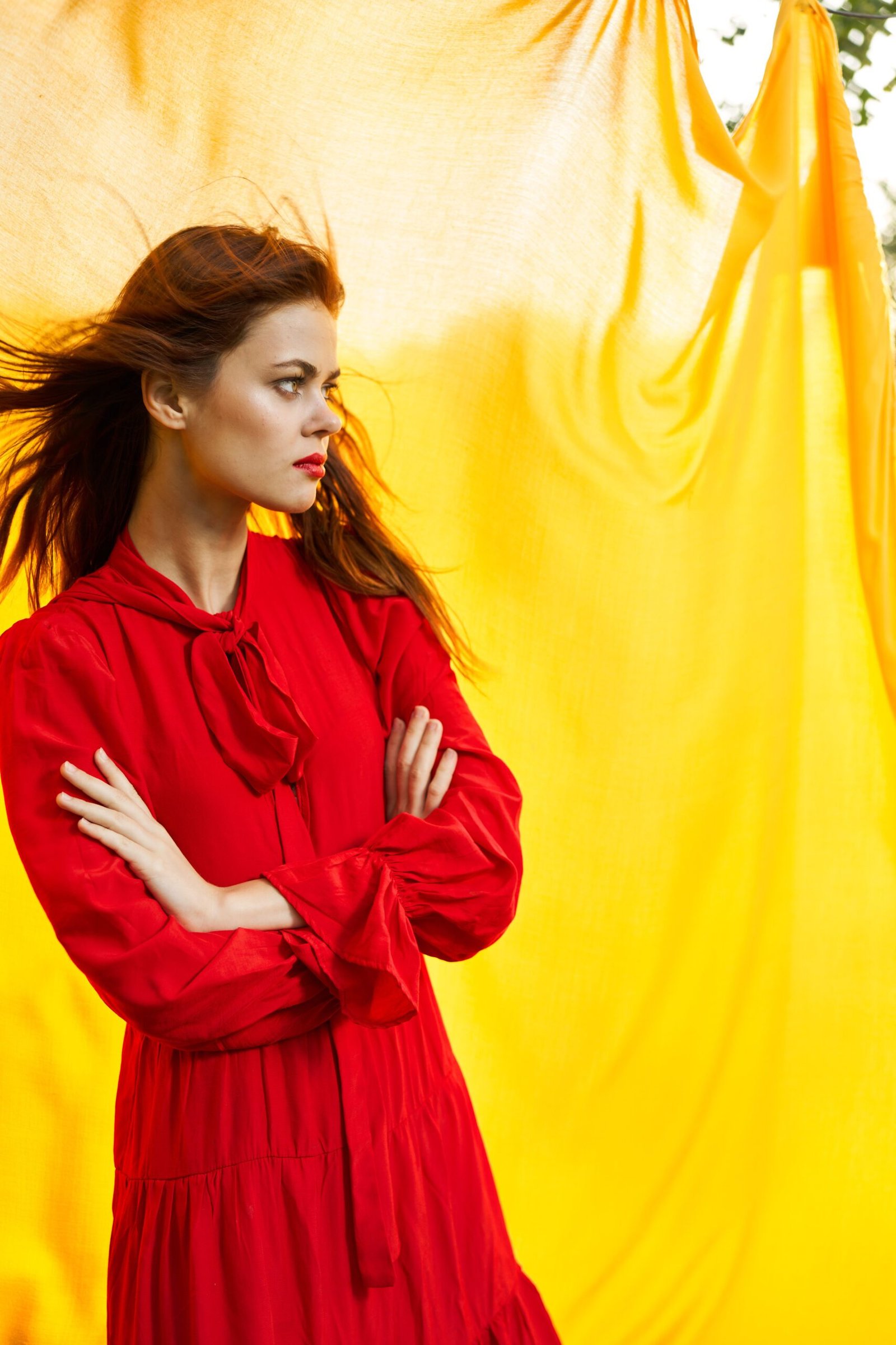 pretty woman in red dress nature yellow cloth on background. High quality photo